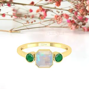 3 Stone Ring With 1.75Ct Ethiopian Opal & 3mm Round Cut Emerald 14k Solid Gold Combination Ring Drop Shipping Fine Jewelry