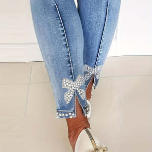 กางเกงยีนส์สกินนี่สีน้ำเงินสำหรับผู้หญิง ผ้าเดนิมยืดหยุ่นสูง ตกแต่งมุกเทียม ทรงเข้ารูป ดีไซน์ผ่าข้าง เอวสูง ระบายอากาศได้ดี - Product Image 5