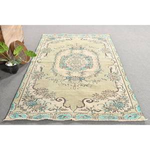 Alfombra turca Vintage Beige Azul 5,2 X 8.6ft Pelo de felpa hecho a mano Altura Estilo Tabriz Rectangular Patchwork Látex Lana Poliéster - Product Image 4