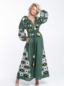 Vestido de color verde con bordado de flores ucranianas mangas largas abullonadas para mujer verano mejor calidad todos los tiempos y mejor diseño - Product Image 5