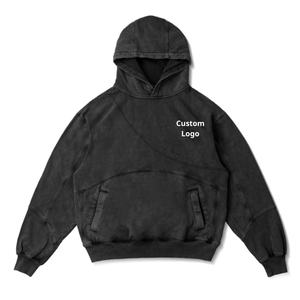 Sudadera con capucha de peso pesado con logotipo personalizado lavado 100% algodón línea de contraste de gran tamaño ajuste High Street Hip Hop pulóver sudaderas con capucha al por mayor - Product Image 1