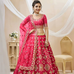 Lehenga Choli Rosa de Seda Artística con Bordado de Lentejuelas y Zari, Dupatta de Malla Suave, Estilo Bollywood para Fiestas y Ocasiones Festivas - Product Image 1