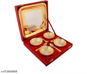 Silver Gold Plated Stainless Steel <b>Bowl</b> Set <b>Red</b> Velvet Box 4 <b>Bowls</b> 4 Spoons 1 Tray Floral Pattern Eco-Friendly Dishwasher Safe - Product Image 1