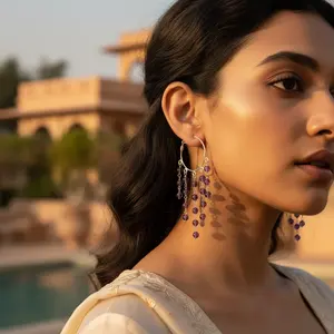 925 Silver <b>Fine</b> Dangle <b>Hoop</b> <b>Earrings</b> with Amethyst Beads Women's Gift - Product Image 2