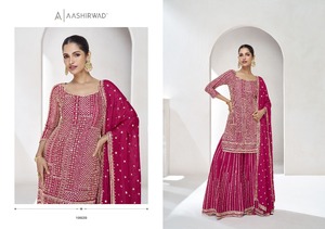 Elegante Chinon de seda bordado Palazzo Salwar Kameez Invitados DE BODA étnicos elegantes Ropa festiva Dupatta para celebraciones Indias - Product Image 3