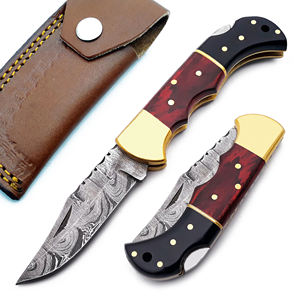 Handmade Damascus Steel EDC Pocket <b>Knife</b> Red Black Pakka Wood Back <b>Lock</b> Folding <b>Knife</b> with Leather Sheath for Outdoor Camping - Product Image 1