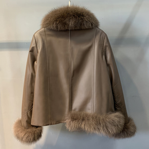 Customize Soft Stylish New Arrival Women's Brown Sheepskin Shearling Biker Style <b>Jacket</b> Breathable Quick Dry V-neck Winter <b>Long</b> - Product Image 2