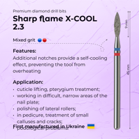 Fournisseurs de qualité supérieure : Outils et accessoires pour ongles, fraises à cuticules diamantées de grande taille, modèle Sharp Flame X-COOL 2.3 mm, grain bleu et rouge