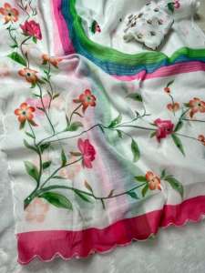 Nuevo Sari de Lino Suave con Bordado de Espejo y Aari, Borde Festoneado Calado para Mujer - Product Image 3