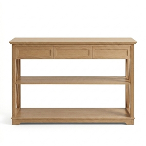 Mesa Consola Moderna de Madera de Roble Natural con 3 Cajones y 2 Estantes Abiertos, Mesa Auxiliar con Estructura en X para Entrada, Sofá o Sala de Estar - Product Image 1