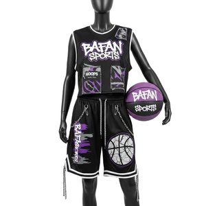 Conjunto de Camiseta y Pantalones Cortos de Baloncesto para Mujer, Tejido de Malla de Poliéster Transpirable de Primera Calidad, 180 GSM, Diseño de Paneles Negros y Morados, Conjuntos para Mujer - Product Image 1