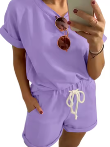 Novedad de verano, conjunto de Top corto y pantalones cortos de manga corta con cuello redondo para mujer, traje de dos piezas de estilo bordado informal para uso diario 2025 - Product Image 6