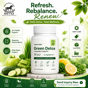 Tabletas Detox Verdes Diarias de Marca Privada Elma Food, Apoyo para la Salud Intestinal, Certificación Halal, Naturales, 60 Unidades, Botella Personalizada - Product Image 1