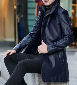 Chaqueta larga de cuero para hombres de negocios y ocio, cortavientos ligero de lujo, chaqueta de solapa de PU de felpa para Otoño e Invierno - Product Image 3