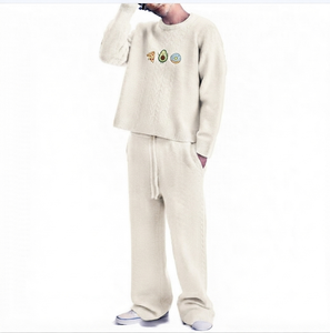 Men's Green <b>Wool</b> Knitted Flare Tracksuit Set Long Sleeve Solid Color Loose Fit Winter Casual <b>Pants</b> With Drawstring Side Pocket - Product Image 5