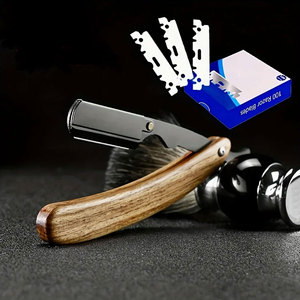 Maquinilla de Afeitar Manual con Mango de Madera, Maquinilla de Afeitar de Borde Recto de Acero Inoxidable con 10 Cuchillas para Depilación, Salón de Peluquería y Uso Doméstico - Product Image 3