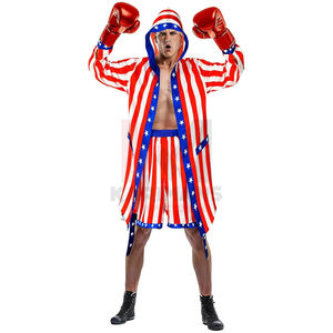 Costume de boxe drapeau américain pour hommes et femmes, robe de boxeur en satin pour adultes avec short, ceinture et gants de boxe - Product Image 3