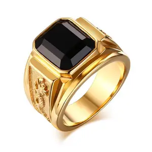 Factory Men Simple Stainless Steel Gold Dragon Ring With Big Square Red Blue Stone