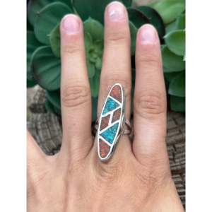 Vintage Navajo Turquoise Coral <b>Statement</b> <b>Ring</b> Geometric Sterling <b>Silver</b> <b>Ring</b> Vermeil Rhodium Plating Size 6.5 for Everyday Wear - Product Image 2