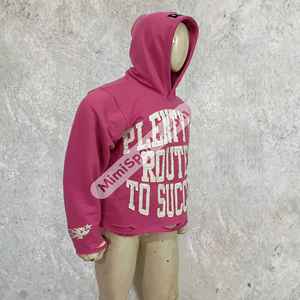 Sweat à capuche surdimensionné personnalisé rose sweats à capuche en détresse tissu éponge français 100% coton surdimensionné pleine fermeture éclair broderie en détresse - Product Image 3