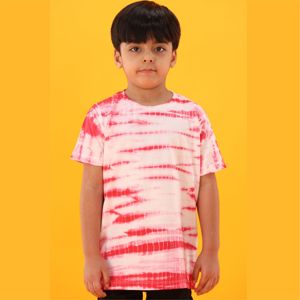 T-shirt tricoté en pur coton, longueur régulière, col rond, demi-manches, rouge, Tie and Dye, 100% - Product Image 1