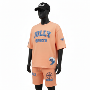 Men Premium Cotton Jersey <b>Shirt</b> and Short Set 220 GSM <b>Peach</b> Sportswear Screen Print Custom Logo Men's Jogging Short Set - Product Image 4