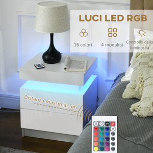 HOMCOM Mesita de noche con luz LED RGB integrada con 2 cajones, 4 modos de luz y 16 colores, aglomerado, 45x35x52cm, color blanco - Product Image 4