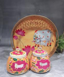 Bocal Pichwai décoratif en métal avec plateau Coffret cadeau pour cadeaux de retour à la maison et au festival - Product Image 4