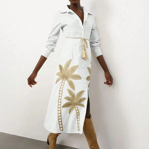 Otoño bohemio Maxi vestido para mujer nuevo 100% algodón elegante largo grande trompeta mangas bordado de flores naturales para vacaciones - Product Image 1