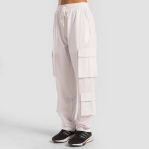 Women's White Cargo <b>Trousers</b> Breathable Casual Pants with <b>Elastic</b> <b>Waist</b> Mid <b>Waist</b> Wrinkled Technics Cargo Pant Style - Product Image 1