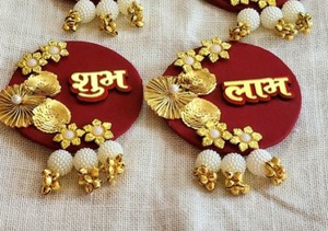 Velours MDF Bois Subh Labh Temple Indien Toile de Fond avec Bouton de Porte Accessoire Décor Suspendu pour les Cérémonies de Mariage et de Fête - Product Image 2