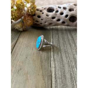 Bague en argent sterling plaqué or rose avec turquoise Kingman faite à la main par les Navajo, taille 7.25, sertissage clos, incrustation, marque privée sous licence 'Is' - Product Image 4