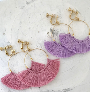 <b>Clip</b> on Tassel Earrings Lavender Mauve pink Hypoallergenic Dangle Earrings Bohemian Jewelry Allergy-Free Hoop Fringe Earrings - Product Image 1