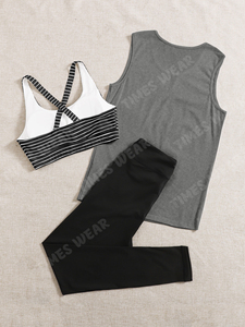 Women's High Quality 3pcs Striped <b>Sports</b> <b>Bra</b> & Tank Top & Leggings <b>Sports</b> Set <b>Ladies</b> Yoga Set - Product Image 2