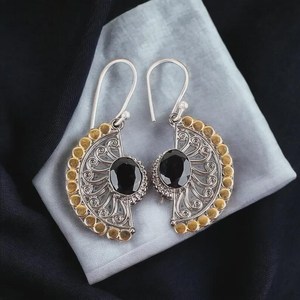 Handmade <b>Black</b> Onyx <b>Earrings</b> 925 Sterling Silver Two Tone Boho Gemstone Jewelry Gift <b>For</b> <b>Women</b> - Product Image 2
