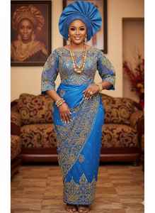 Robe George de luxe de couleur bleu marine nigérian, avec un design floral et feuillage élégant, fait main, pour mariage nigérian - Product Image 5