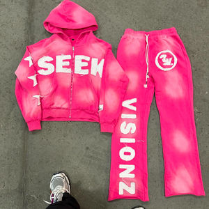 Ensemble de survêtement unisexe à capuche en molleton épais, délavé à l'acide, avec broderie vieillie et effet décoloré par le soleil, fermeture éclair, style jogging - Product Image 2