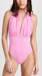 Traje de Baño de una Pieza para Mujer, Talla XL, con Ribete en Contraste, Espalda Descubierta, Estilo Briefs, Cuello Alto Simulado, Estampado, Talla Grande - Product Image 2