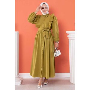Vestido modesto de aceite verde vintage, detalles de volantes, estampado de pliegues simples, tejido de seda de algodón para la temporada diaria de fiestas islámicas, Verano - Product Image 1