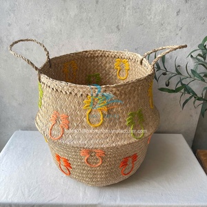 2025 Hottest Style Cute Colorful Hand Embroidery Natural Color Seagrass <b>Belly</b> <b>Basket</b> Seagrass Foldable Woven Storage <b>Basket</b> - Product Image 4