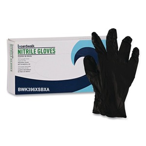 Guantes de Nitrilo Negros Sin Polvo Boardwalk Serie 396 Extra Pequeños de 9.5 Pulgadas Largo 4.4 Mil. Pañuelos Desechables Gruesos de Uso General, 100 por Caja - Product Image 1