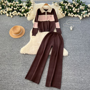 ชุดเซ็ตวินเทจ 2 ชิ้นสำหรับผู้หญิง เสื้อและกางเกงเอวสูงถักนิตติ้ง ขายส่ง - Product Image 1