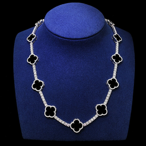 Collar de cadena de tenis de moissanita con diseño de trébol y flor negra, estilo hip hop, con incrustaciones de circonitas, de lujo, llamativo, para hombre, de diseñador - Product Image 1
