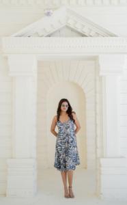 <b>Tropical</b> Blue and White Palm Leaf Print Summer Midi <b>Dress</b> Exotic Island Vacation Sundress Sleeveless Botanical Beachwear Gown - Product Image 2