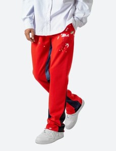 Pantalones de chándal rojos de peso pesado OEM con logotipo personalizado, ropa de calle polar, pantalones de chándal acampanados con dobladillo sin procesar, estampados, unisex - Product Image 2