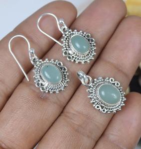 Cadeau pour l'amour Pendentif Aqua Calcedony Gemstone 925 Sterling Silver Fine Pendant Earrings Set Wedding Pendant with Stamp Jewelry - Product Image 2