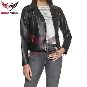 Veste en cuir véritable noir classique pour femmes tissu imprimé crocheté respirant fermeture à glissière vêtements à la mode pour l'automne - Product Image 2