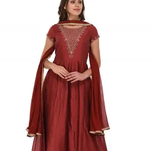 Premium Design Embroidered Chanderi Silk Anarkali Kurti Paired with Pants and Dupatta Set in Maroon at Wholesale Factory Prices