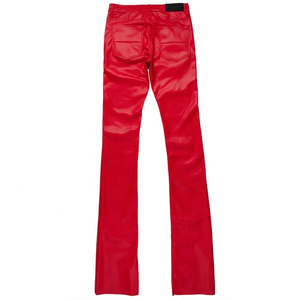Pantalones de lona elásticos ajustados de cuero PU, pantalones de Moto de hombre rojo con ropa de calle de cintura media, pantalones de chándal acampanados apilados finos - Product Image 3