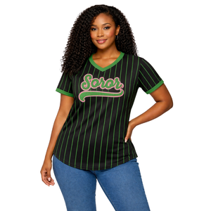 Pull de baseball noir 08 Soror, maillot de sororité grecque pour femmes, rose et vert, vêtements décontractés élégants pour la sororité universitaire - Product Image 1